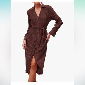 KIRUNDO Womens Long Sleeve Midi Dress Button Down Pleated V Neck Tie Waist